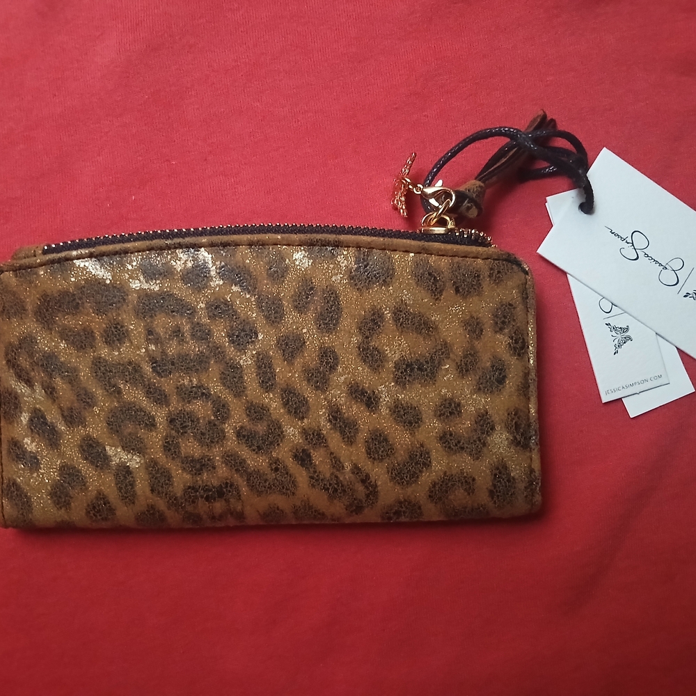 NWT Jessica Simpson Leopard Print Zip Around Wallet Wristlet Brown Gold Studded - Picture 3 of 7